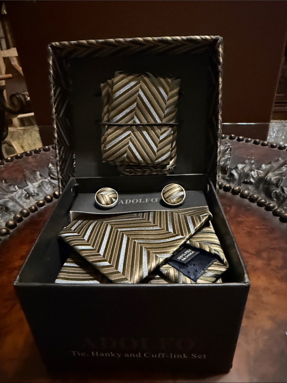 Adolfo Gold and Black Chevron Tie, Hanky & Cufflink Set